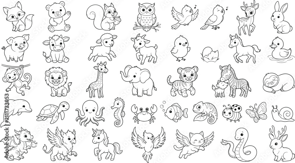 Fototapeta premium Cute Cartoon Animal Outline Mega Collection for Coloring Books and Kids Activities