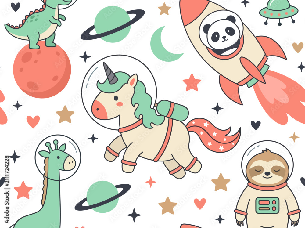 Fototapeta premium Cute astronaut animals space seamless pattern with panda, unicorn, sloth, and giraffe for kids' textiles and nursery decor.