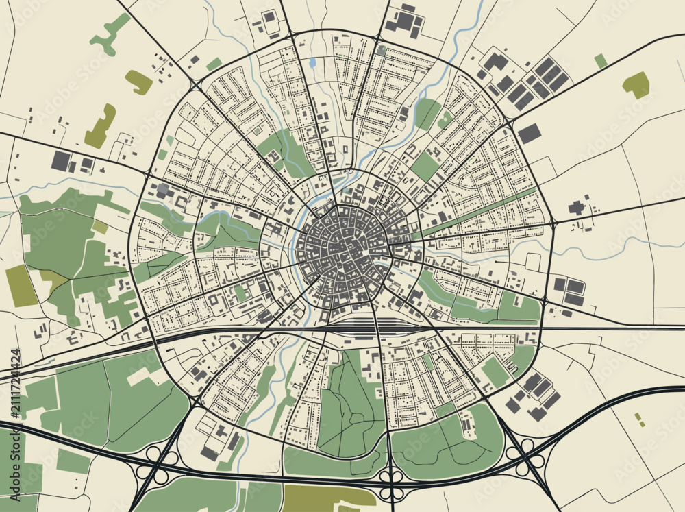 Obraz premium Circular City Map with Radial Urban Layout and Smart Infrastructure Design