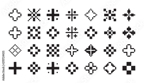 Collection of pixel art cross shapes and mathematical symbols for retro interface design and game development.