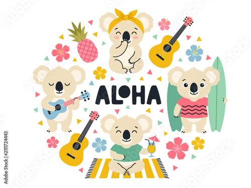 Photography Cute Hawaiian Koala Vector Set with Aloha Text, Ukuleles, and Surfboard for Summ