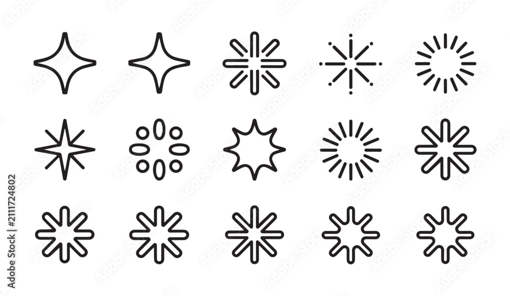 Obraz premium Set of black outlined starburst icons and sparkling elements isolated on white background for design decoration.