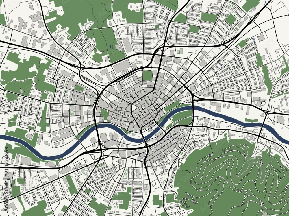 Obraz premium Abstract City Map Vector with River and Green Spaces