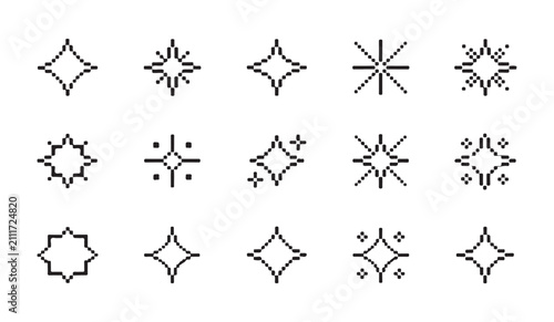 Set of digital pixel art starburst icons and sparkling decorations isolated on white background for web.