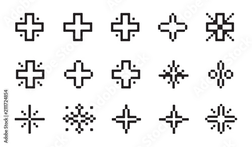 Retro plus sign and cross shape pixel icons collection for medical or gaming interface design elements pack.