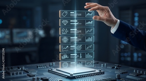 Artificial intelligence processing concept with hand touching holographic business strategy dashboard emerging from microchip