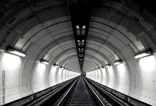 Long subway tunnel with train tracks and bright lights, urban transportation infrastructure, black and white perspective