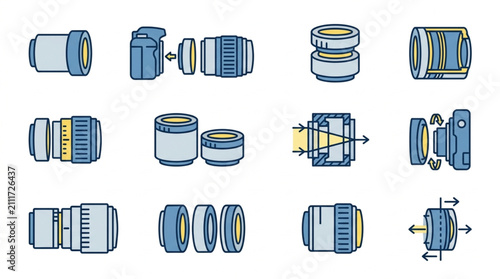 Cuadro en lienzo Collection of mechanical lens and camera parts illustration.