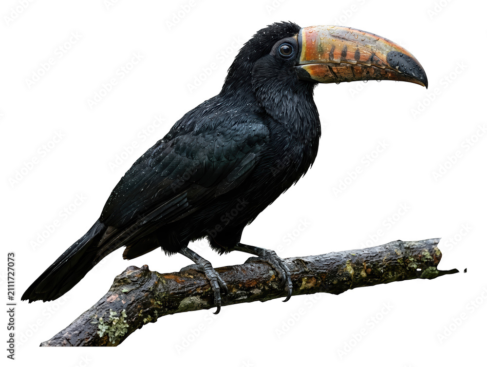 Obraz premium Detailed black aracari bird perched on a wet mossy branch with glossy feathers isolated transparent background image