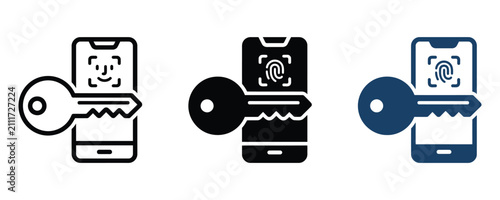 Mobile device security and biometric authentication icon set with biometric authentication smartphone security fingerprint recognition identity cybersecurity password verification technology