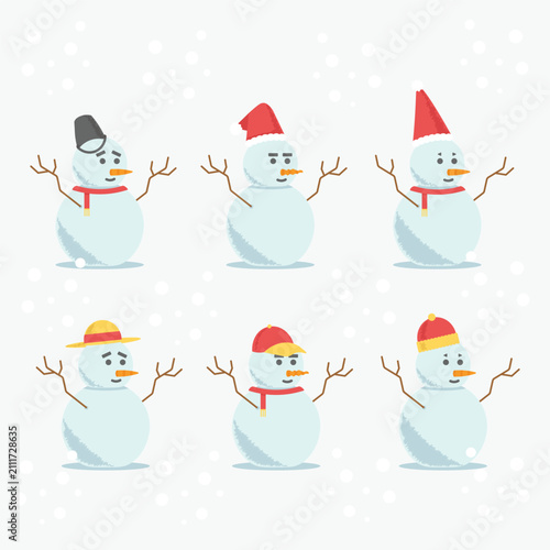 Cute Snowman Character Collection Christmas Flat Illustration