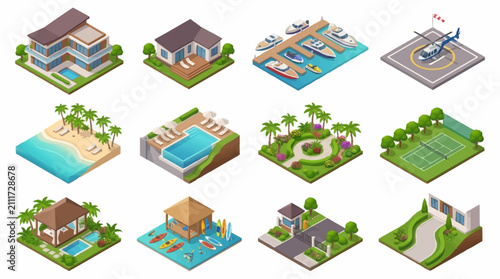 Isometric illustrations of luxury resorts and vacation homes by the sea.