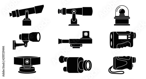 Photography Optical observation and surveillance equipment black icons.
