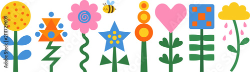 Set of stylized geometric flowers and a cute bee