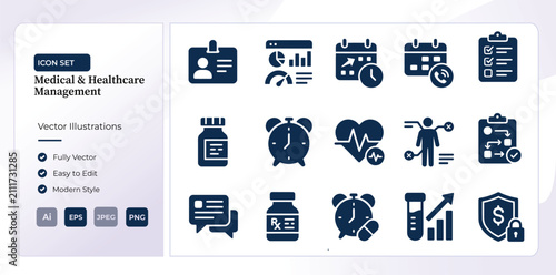 Medical and healthcare management icons. Professional hospital administration vector set.