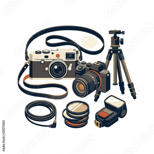 Cuadro en lienzo Vintage camera and photography equipment flat lay arrangement.