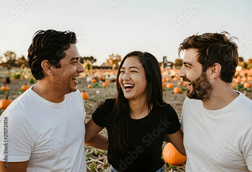 Diverse group of three happ...