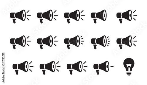 Foto Set of solid black megaphone icons isolated on white background depicting marketing tools for social media