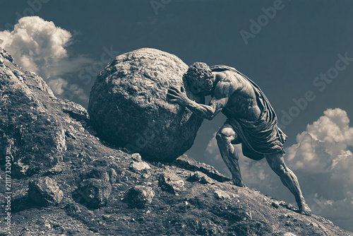 Bluish-Toned Sisyphus Straining to Push a Massive Boulder Uphill, Dramatic Greek Mythology Scene Symbolizing Endless Labor, Perseverance, Strength and Human Struggle