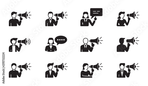 Foto Set of megaphone human icons showcasing diverse people using loud speaker for promotional announcement campaign