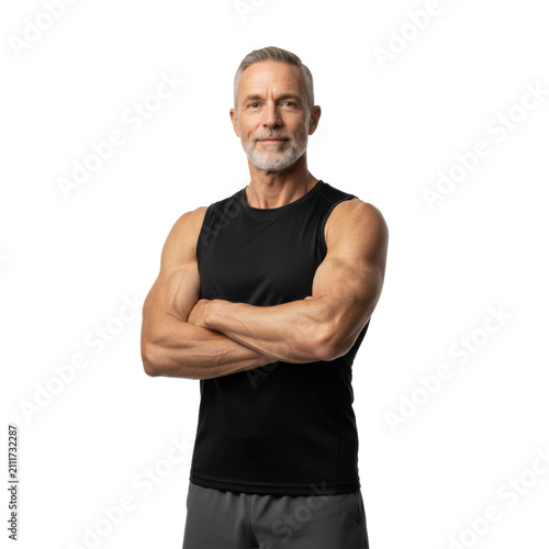 A fit elderly Caucasian man with a salt-and-pepper beard and grey hair, wearing a black tank top, stands confidently with crossed arms in a minimalist white studio, embodying active aging and vitality
