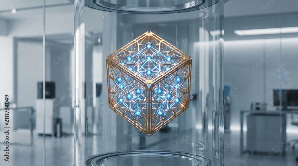Fototapeta premium Glowing Quantum Cube in Glass Cylinder Inside High Tech Laboratory