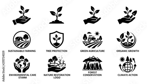 Cuadro en lienzo Icons Representing Sustainable Farming, Tree Protection, Green Agriculture, Orga