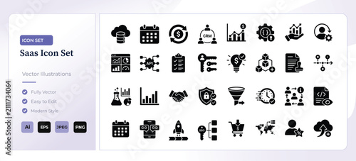 SaaS icon set for business software. Modern vector symbols for cloud computing and tech.