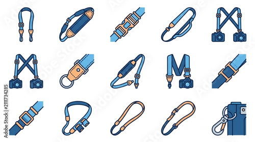Foto Collection of safety harnesses and lanyards for industrial use.