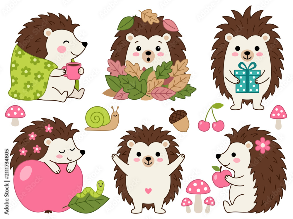 Obraz premium Cute Hedgehog Autumn Character Set with Fall Elements