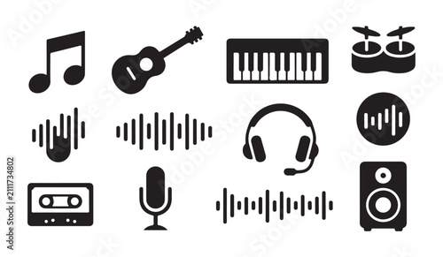 Set of black music icons including notes, instruments, and audio equipment.