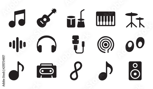 Music production equipment and audio media icons set featuring guitar keyboard drums mic and sound waves.