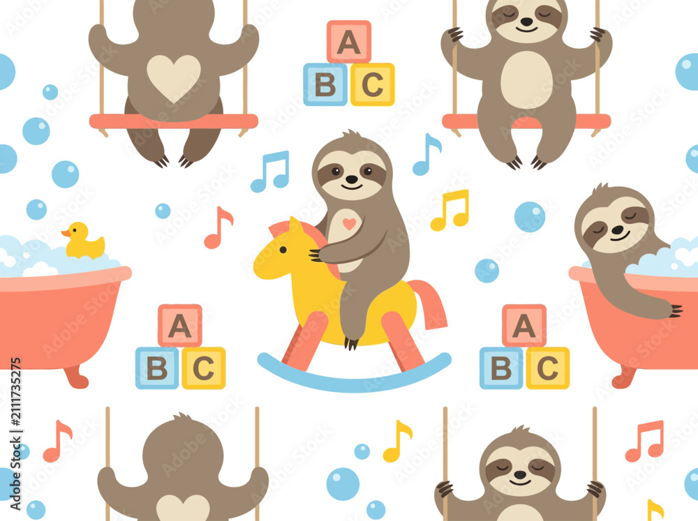Fototapeta premium Seamless Nursery Pattern with Cute Cartoon Sloths Playing