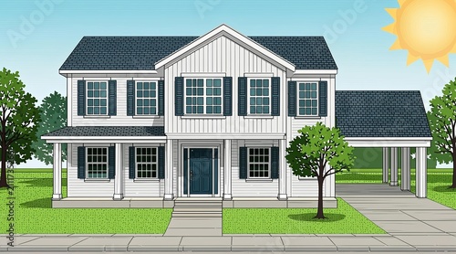 Modern white suburban house with blue shutters and carport illustration