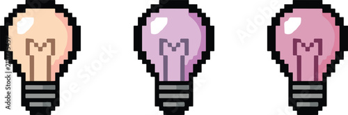 Fotografie Creative pixel art illustration showing three lightbulbs in orange purple and pink shades for game design assets