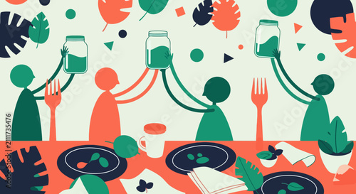 Abstract people toast with jars at a communal dinner party table. Flat vector illustration of a festive healthy meal with tropical leaves.