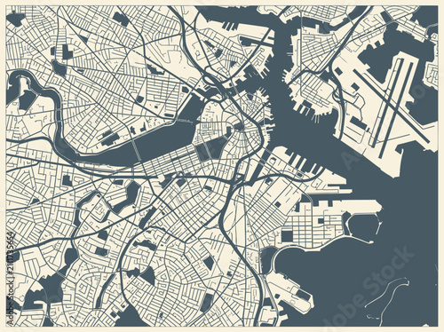 Cuadro en lienzo Vintage Style Boston Massachusetts City Street Map with Logan Airport and Harbor