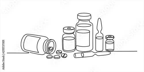 Continuous line drawing of medicine bottles and pills
