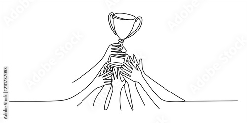 Fotografia Many hands holding up a trophy in one continuous line art