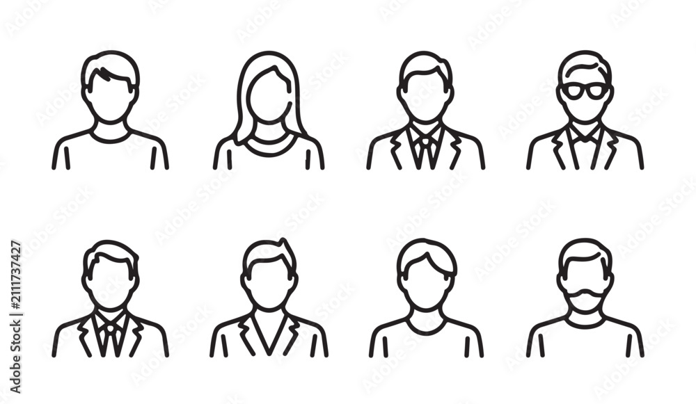 Fototapeta premium Set of eight outline user icons with various styles for profiles, social media, web, and apps.