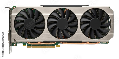 High performance triple fan graphics card with brushed metal casing and heat pipes isolated transparent background image