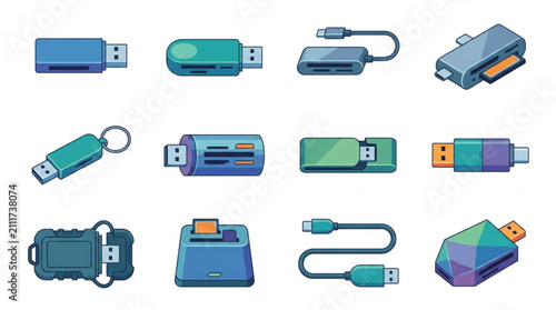 Photos Colorful collection of USB flash drives and accessories.