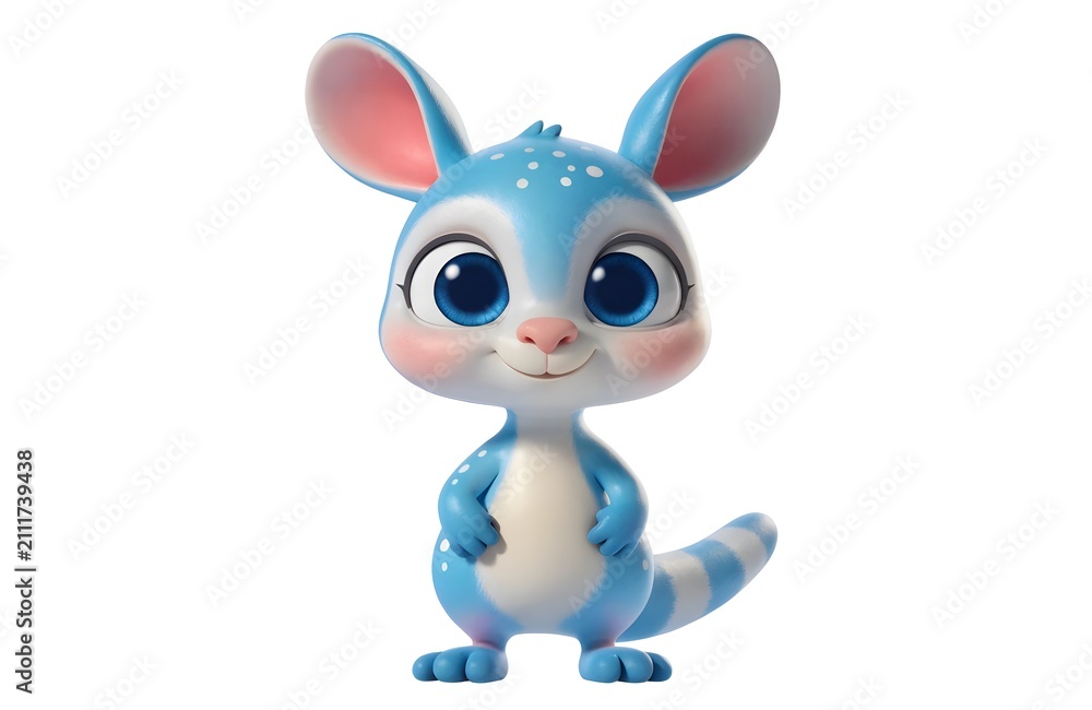 Fototapeta premium Cute cartoon blue bunny with big eyes standing happily