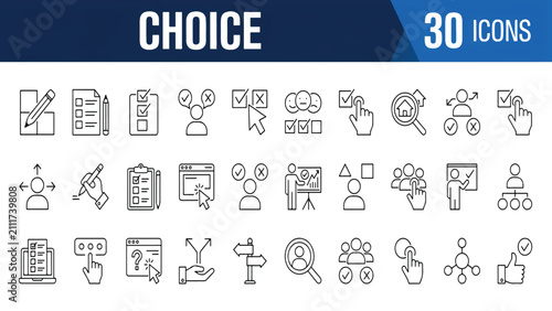 Professional collection of thirty choice and strategic planning line art icons