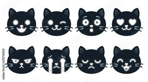 Konstfotografi Set of Eight Black Cat Emoticon Faces Showing Different Emotions.