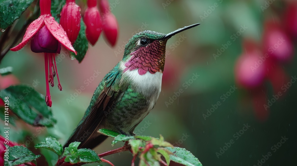 Obraz premium Ruby Throated Hummingbird Near Pink Flower, Colorful Wildlife Nature Photography