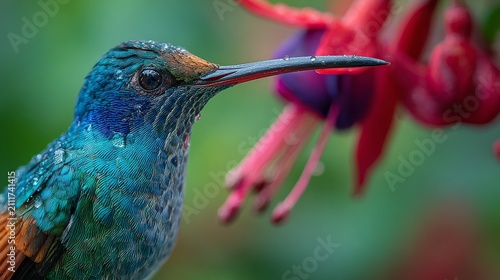 Colorful Hummingbird Hovering Near Pink Flower, Dynamic Wildlife Action Photography