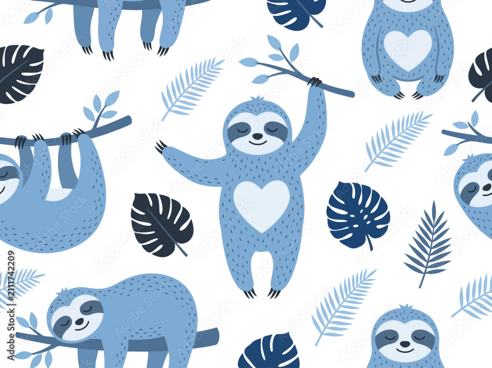 Fototapeta premium Seamless Blue Sloth Pattern with Tropical Leaves for Kids Nursery Decor