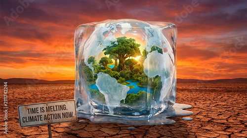 Earth trapped inside melting ice cube in desert landscape.