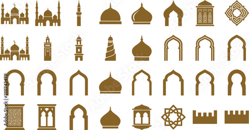 Set of golden islamic architectural elements icons and mosque silhouettes with middle east mosque architecture religion building ornament silhouette tradition